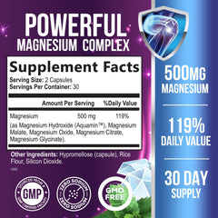 Health Nutrition Naturals Magnesium Complex capsules close-up highlighting chelated forms for uptake.