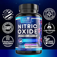 Health Nutrition Naturals Nitric Oxide Booster capsules visually illustrating muscle pumps.