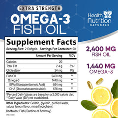 Health Nutrition Naturals Omega-3 capsules close-up showing lemon burpless softgels