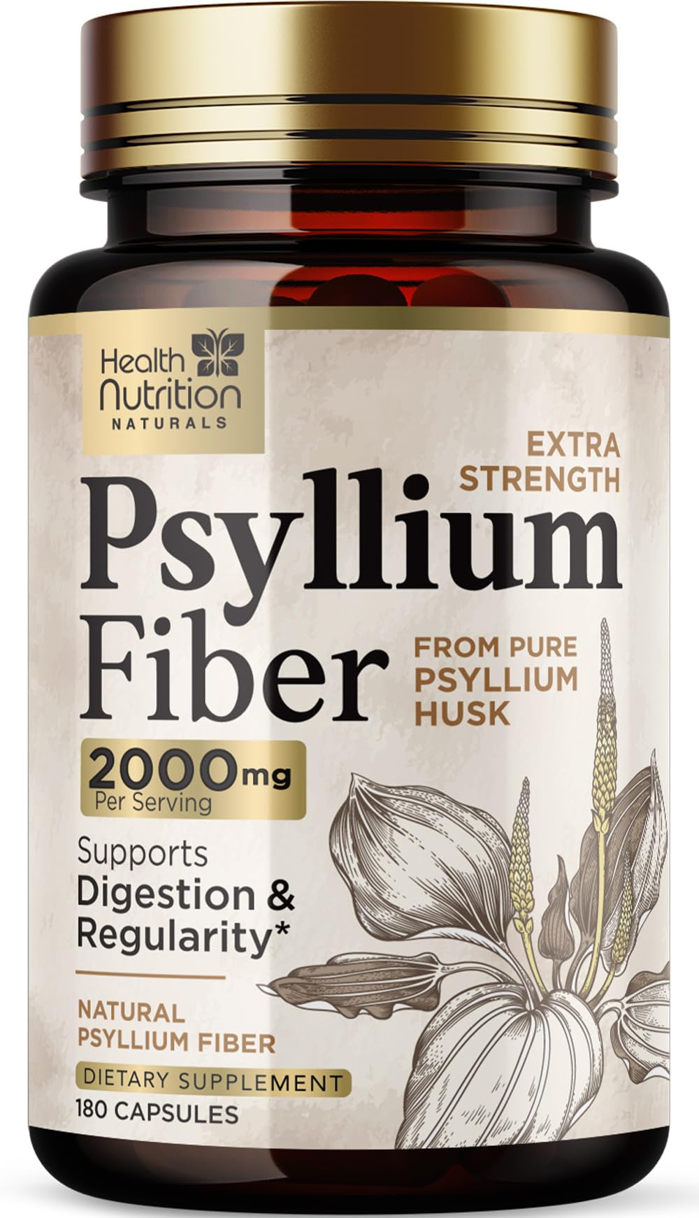 Health Nutrition Naturals psyllium bottle front showing vegan fiber support