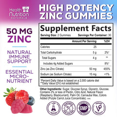 Health Nutrition Naturals Zinc Gummies 50mg pieces for easy daily intake