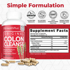 Health Plus Colon Cleanse bottle back highlights ingredients and daily serving details.