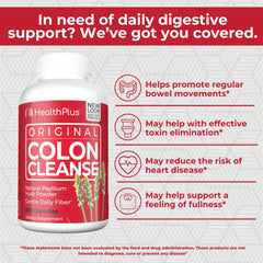 Health Plus Colon Cleanse capsules closeup emphasizes psyllium fiber for regularity.