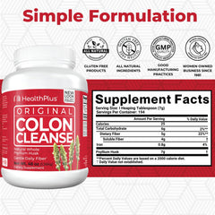 Health Plus Colon Cleanse label closeup highlights daily fiber content for digestive balance.
