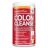 Health Plus Colon Cleanse orange powder bottle shows flavorful fiber support for daily regularity.