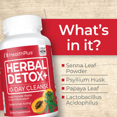 Health Plus Herbal Detox+ label detail highlighting ingredients for digestive support.
