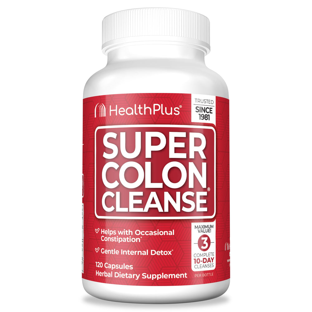 Health Plus Super Colon Cleanse bottle label, gentle detox for occasional relief