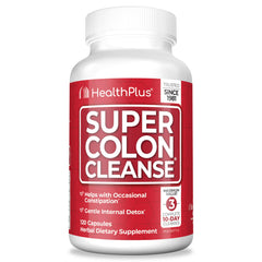 Health Plus Super Colon Cleanse bottle label, gentle detox for occasional relief