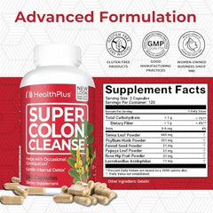 Health Plus Super Colon Cleanse capsules close-up highlighting daily use.