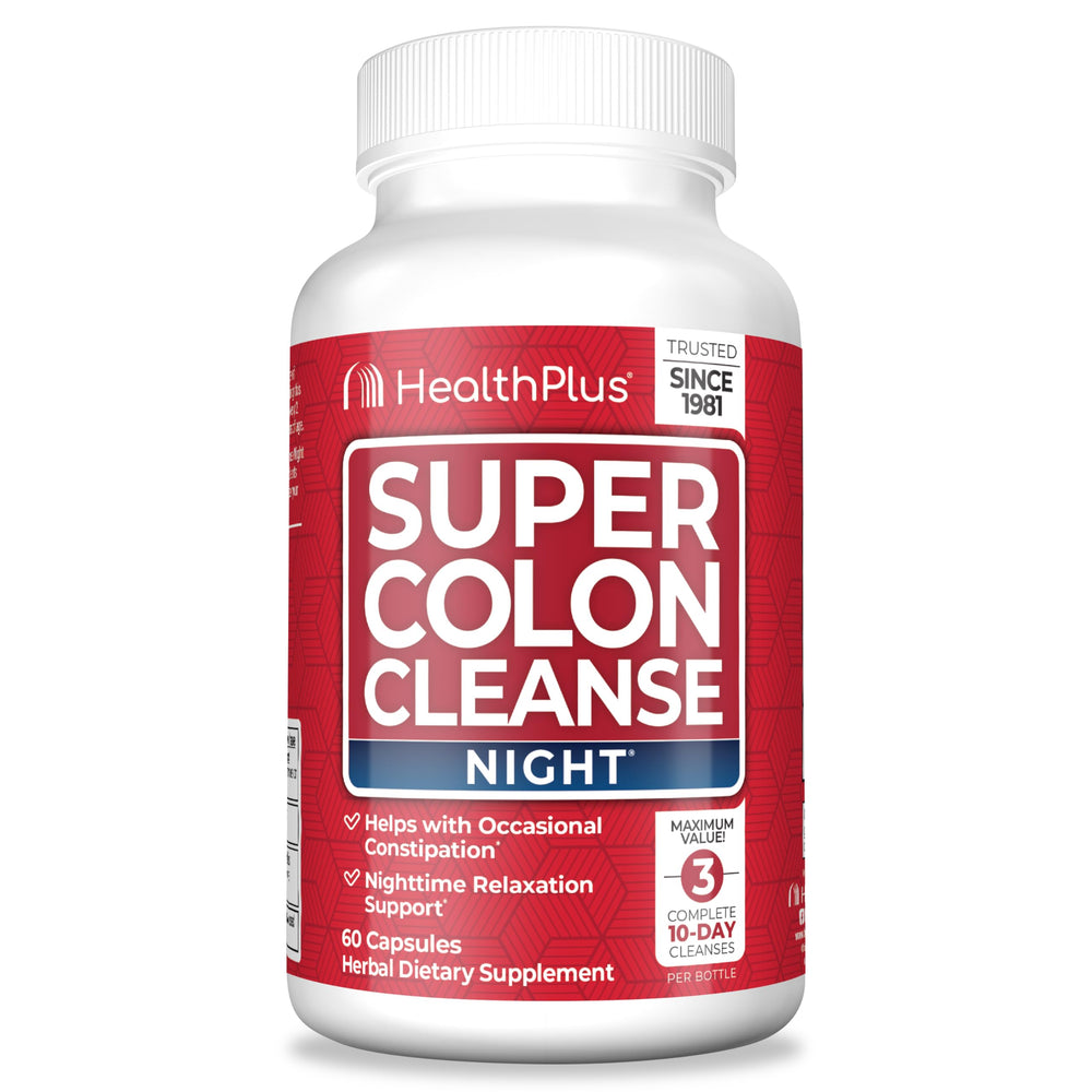 Health Plus Super Colon Cleanse Night Formula bottle with label supports gentle nightly routine.