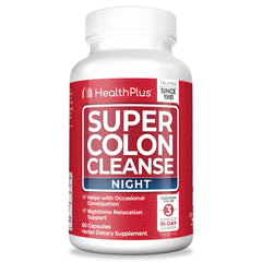 Health Plus Super Colon Cleanse Night Formula bottle with label supports gentle nightly routine.