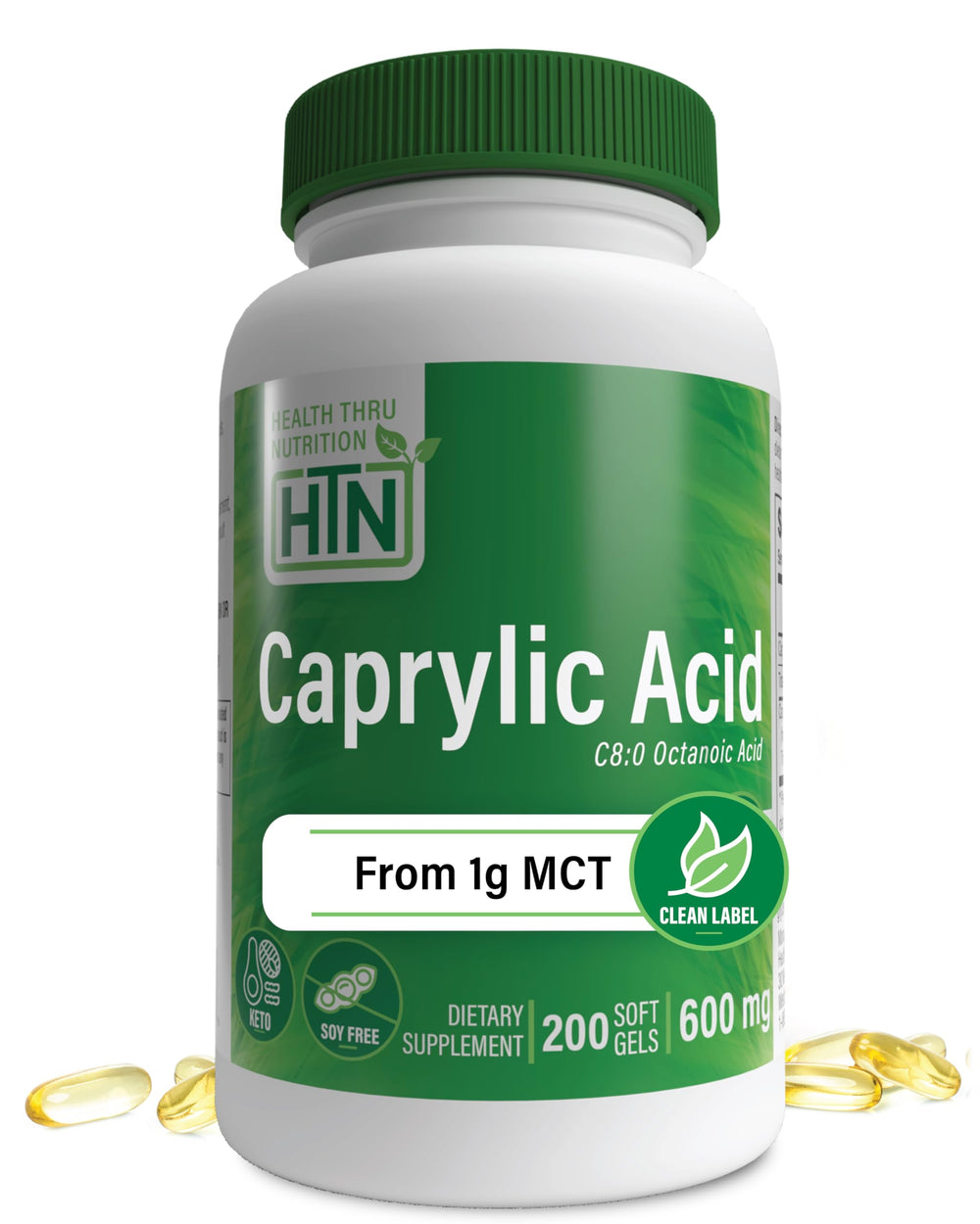 Health Thru Nutrition Caprylic Acid 600mg bottle — convenient digestive support.
