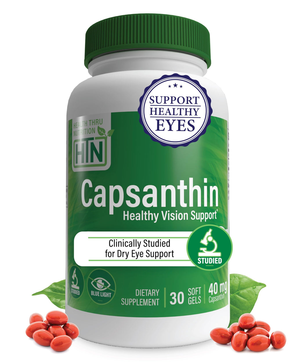 Health Thru Nutrition Capsanthin 40mg softgels bottle supports eye health and blue light protection