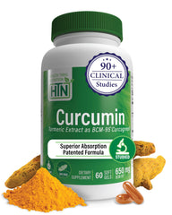 Health Thru Nutrition Curcumin 650mg bottle shows BCM-95 absorption potential for daily wellness.
