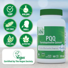 Health Thru Nutrition PQQ 20mg ingredients label shows vegan, non-GMO formulation.