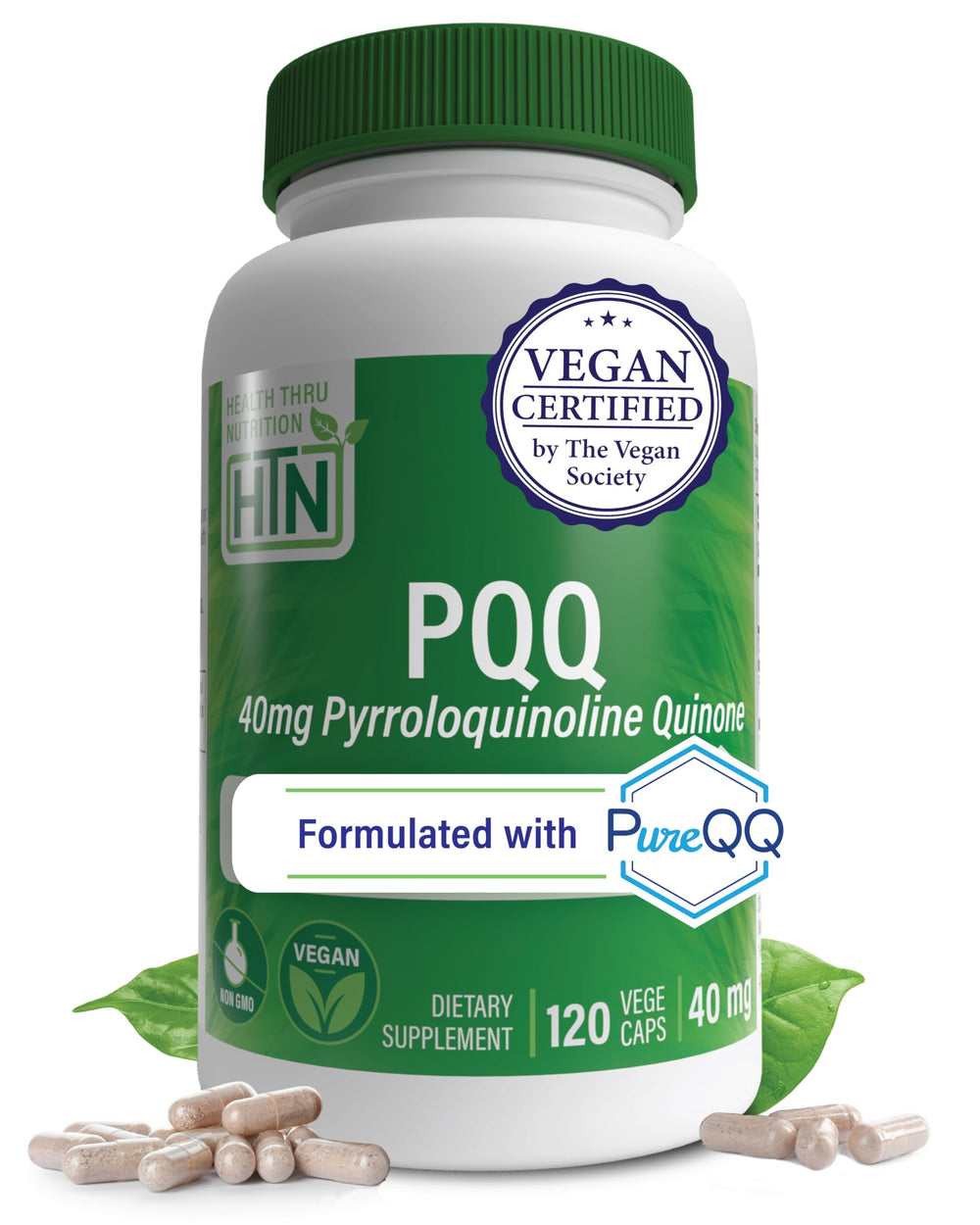 Health Thru Nutrition PQQ 40mg capsules on bottle front signaling cellular energy support
