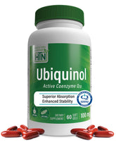 Health Thru Nutrition Ubiquinol 100mg softgels bottle front with enhanced absorption noted