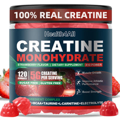 Health4All Creatine Gummies bottle close-up with strawberry flavor for daily energy