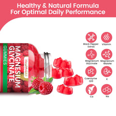 Health4All magnesium glycinate gummies close-up showing raspberry flavor and soft chew.