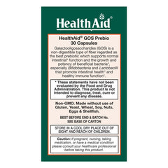 HealthAid GOSPrebio bottle label showcases non-GMO, allergen-free formula.