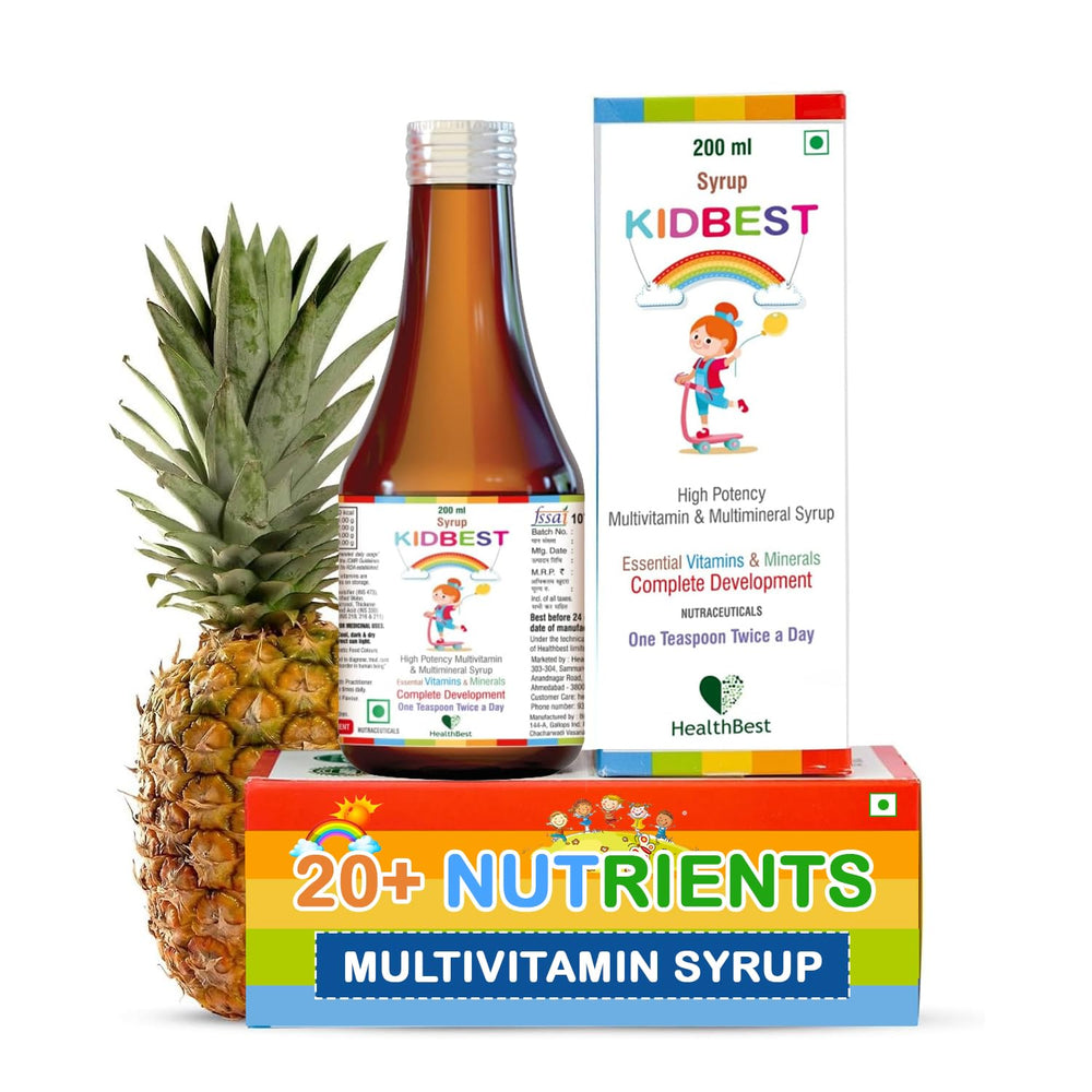 HealthBest Kidbest syrup bottle supports daily nutrition for growing kids.
