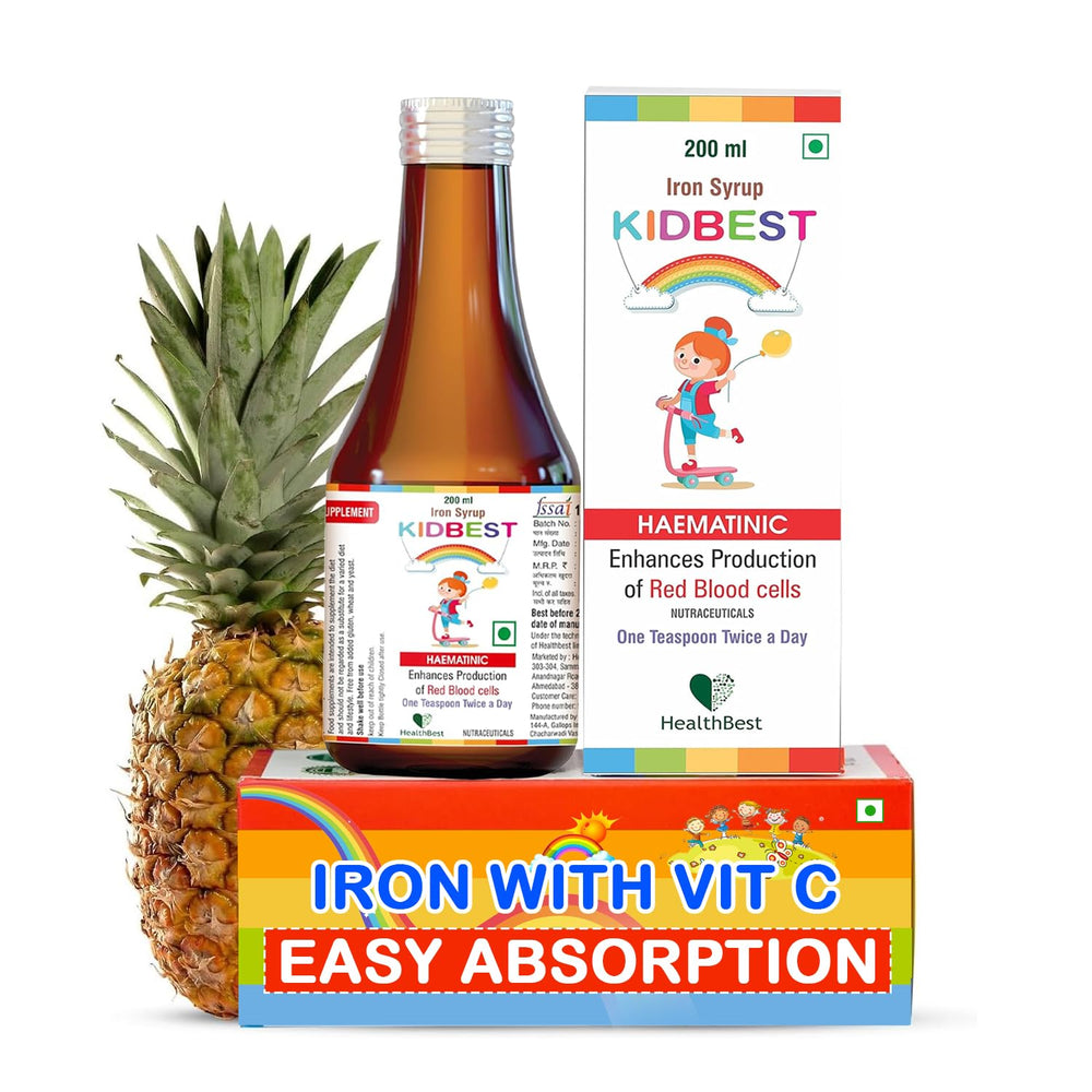 HealthBest Liquid Iron Syrup for Kids bottle with clear label aiding easy dosing.