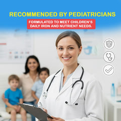 HealthBest Liquid Iron Syrup dosing spoon shown for accurate 5 ml servings, supporting consistent dosing.