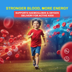 HealthBest iron syrup label highlights ferrous ascorbate and zinc ingredients.