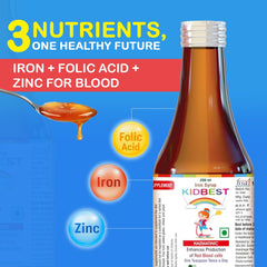 HealthBest Liquid Iron Syrup for Kids pouring into a spoon to support daily administration.