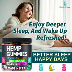Healthergize calm-night gummies closeup highlighting fruity flavors ideal as a pleasant bedtime treat.