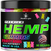 Healthergize hemp gummies bottle close-up for daily calm.