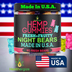 Healthergize hemp gummies fruity bears closeup highlights tasty easy to chew bedtime treat.