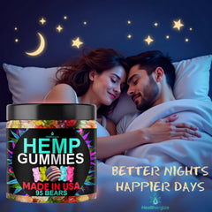 Healthergize hemp gummies fruity flavors closeup highlights tasty bears for a relaxing treat.