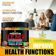 Healthergize hemp gummies fruity flavors visually emphasizing easy-to-chew texture and refreshing taste.