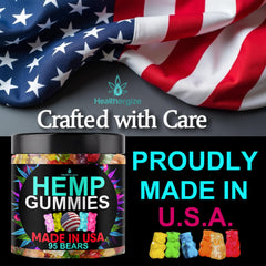 Healthergize hemp gummies packaging front showing USA-made quality and trust.