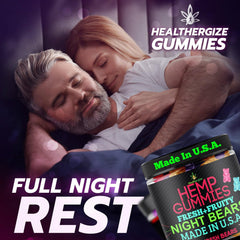 Healthergize hemp gummies texture closeup emphasizes soft, chewy bite for unwinding.