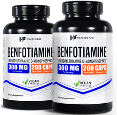 Healthfare Benfotiamine 300mg bottle on white surface highlighting fat-soluble vitamin B1 for absorption.