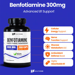 Close-up of Healthfare Benfotiamine capsules, compact daily supplement for easy use.