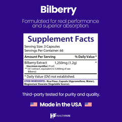 Healthfare Bilberry ingredients label emphasizing vegan, non-GMO, gluten-free formulation.