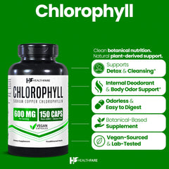 Close-up of Healthfare Chlorophyll Capsules label highlighting vegan and non-GMO features.