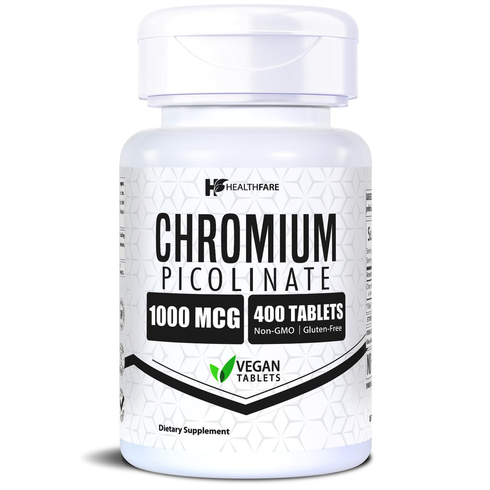 HealthFare Chromium Picolinate bottle shows 1000mcg dose for daily use.