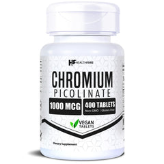 HealthFare Chromium Picolinate bottle shows 1000mcg dose for daily use.