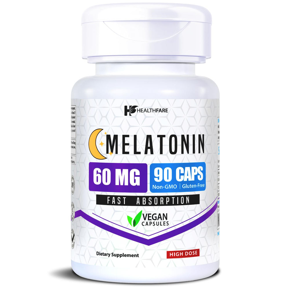 Healthfare Melatonin bottle front for restful nights with high-strength formula