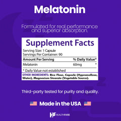 Healthfare Melatonin packaging bottle highlighting 90-count vegetarian capsules