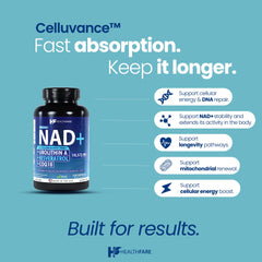 Healthfare NAD capsules closeup highlights vegan formula and clean ingredients.