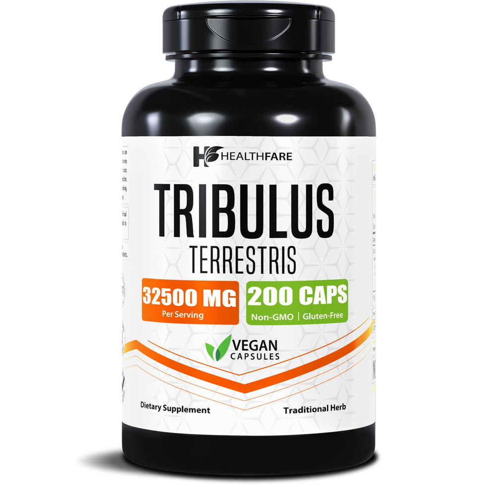HealthFare Tribulus Terrestris cápsulas: frasco y cápsulas para vitalidad diaria.