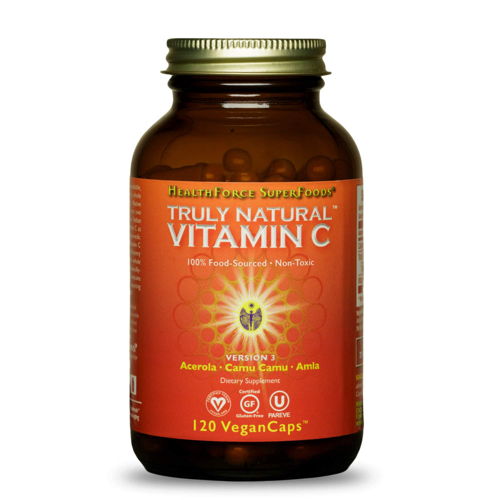HEALTHFORCE SUPERFOODS Truly Natural Vitamin C bottle label showing berry-based immune support.