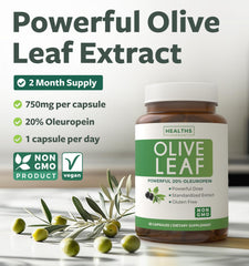 Healths Harmony 750mg olive leaf capsule emphasizing potency for daily wellness.