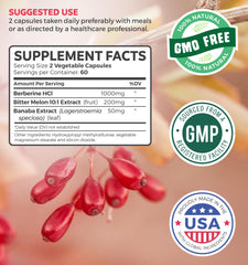 Healths Harmony Berberine ingredients panel highlights non-GMO vegetarian formulation for clean supplementation.