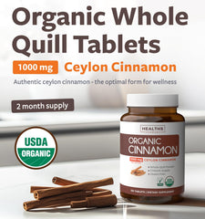 Healths Harmony Ceylon Cinnamon pills close-up of 500 mg tablets with pure cinnamon.